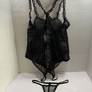 3XL two piece sexy black lace cutout teddy négligée (seems to run small) & thong